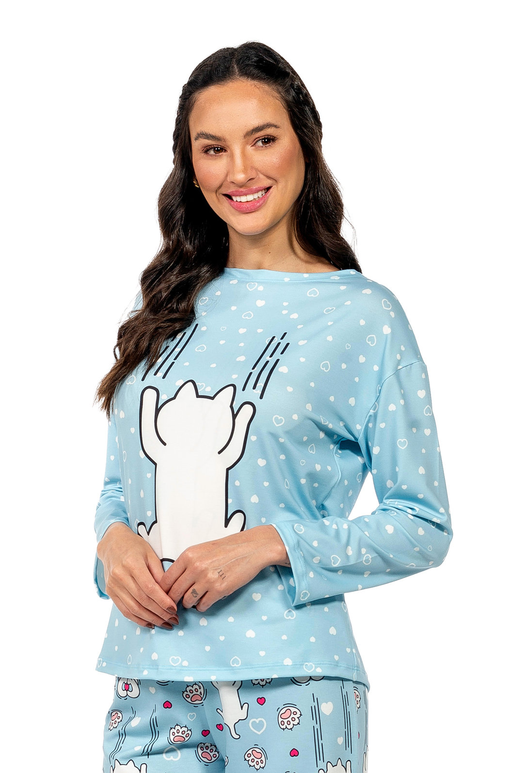 Pijama Feminino Manga Longa Adulto Estampado Gato Escorregando Pijama Feminino Manga Longa Adulto Estampado Gato Escorregando