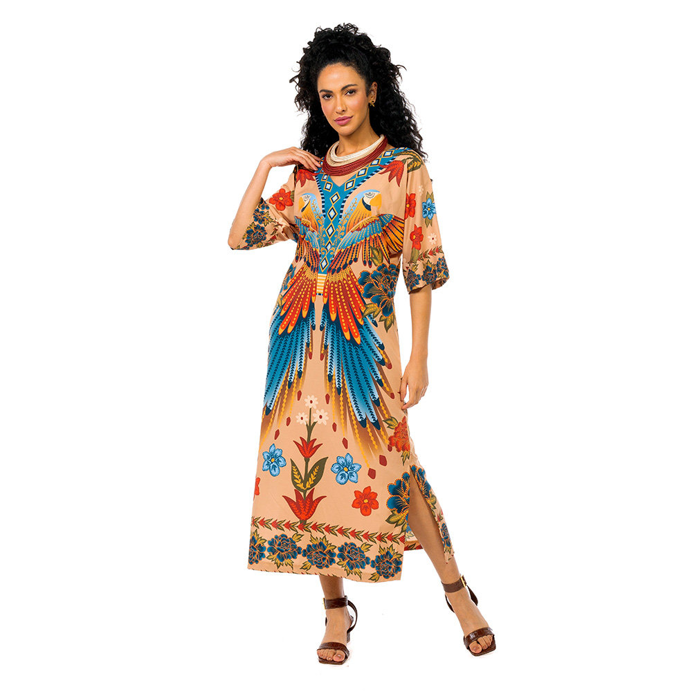 Vestido Feminino Kaftan Atena Estampado Araras Paraíso Floral