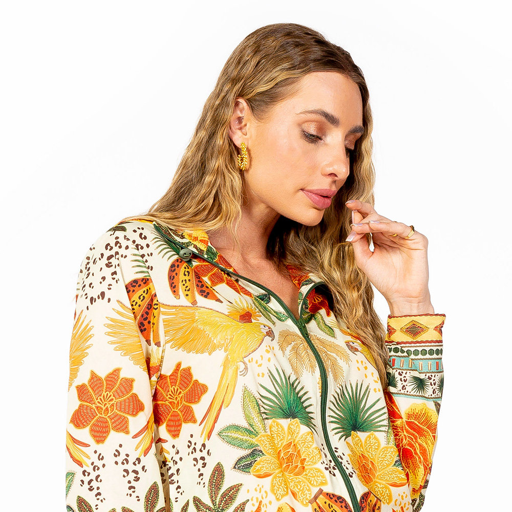 Jaqueta Bomber Catarina Estampada Arara Banana Bordado Barrado Jaqueta Bomber Catarina Estampada Arara Banana Bordado Barrado