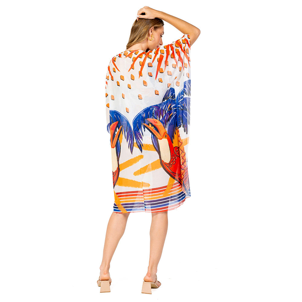 Saída de Praia Kaftan Tule Maré Estampada Bichos Tropical Vibes Azul Saída de Praia Kaftan Tule Maré Estampada Bichos Tropical Vibes Azul