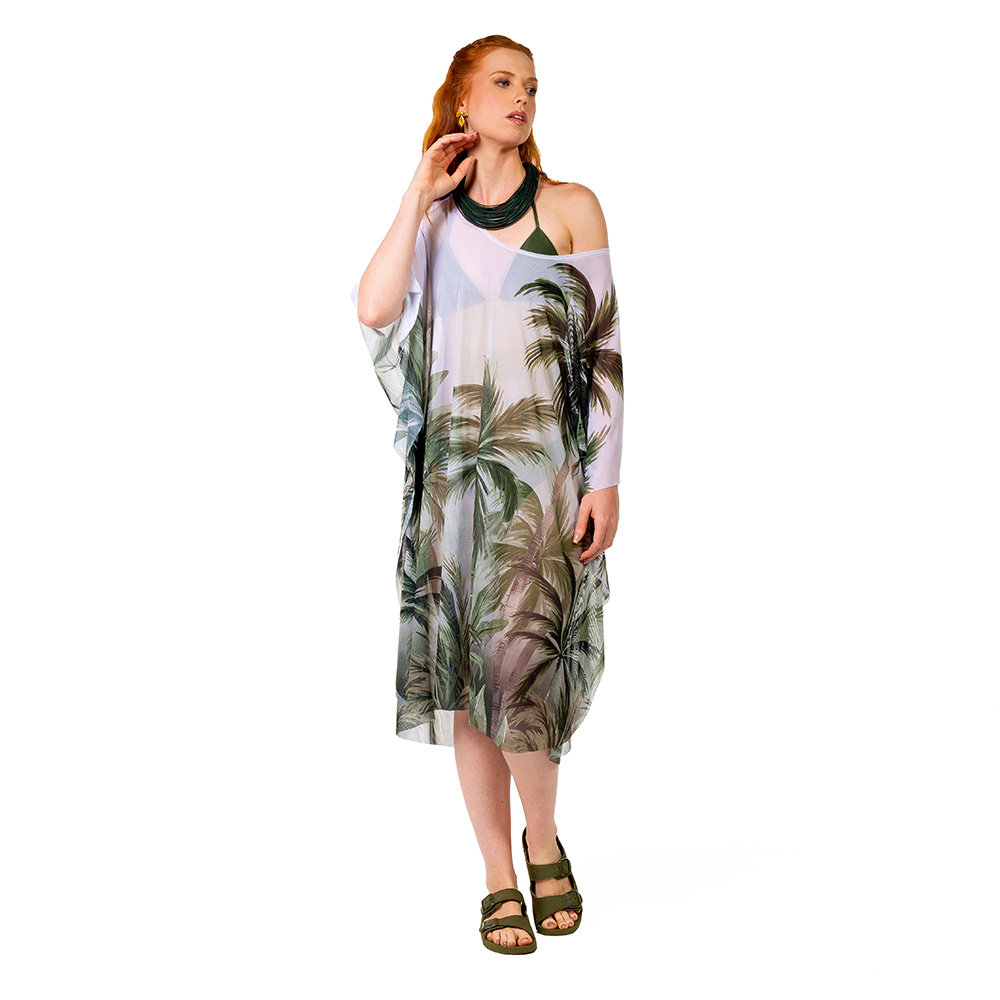 Saída de Praia Kaftan Tule Maré Estampada Palmeiras Fundo Degradê Saída de Praia Kaftan Tule Maré Estampada Palmeiras Fundo Degradê