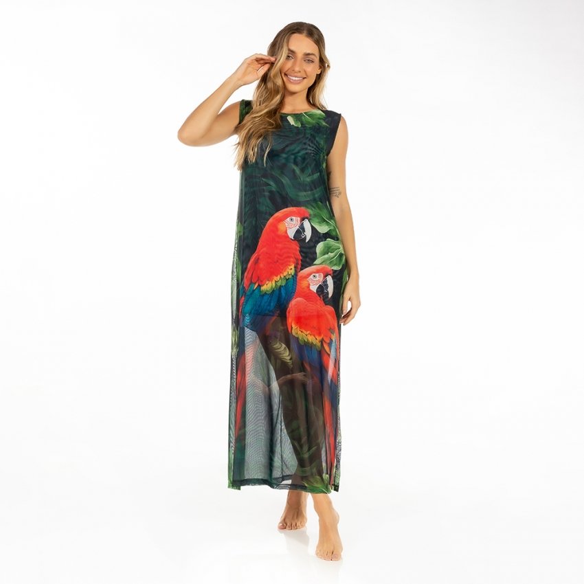 Vestido Feminino Tule Maré Estampado Casal Araras Fundo Folhagem Vestido Feminino Tule Maré Estampado Casal Araras Fundo Folhagem