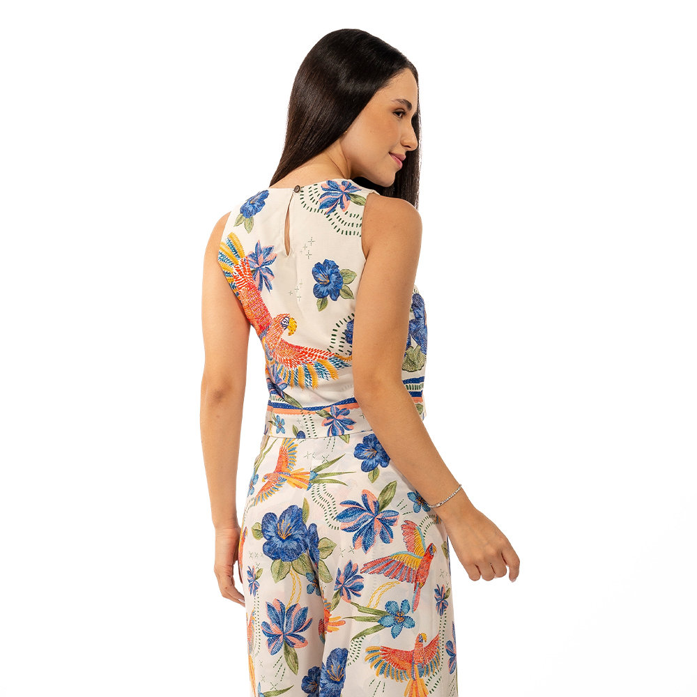 Cropped Atena Estampado Pássaros e Flores Bordado