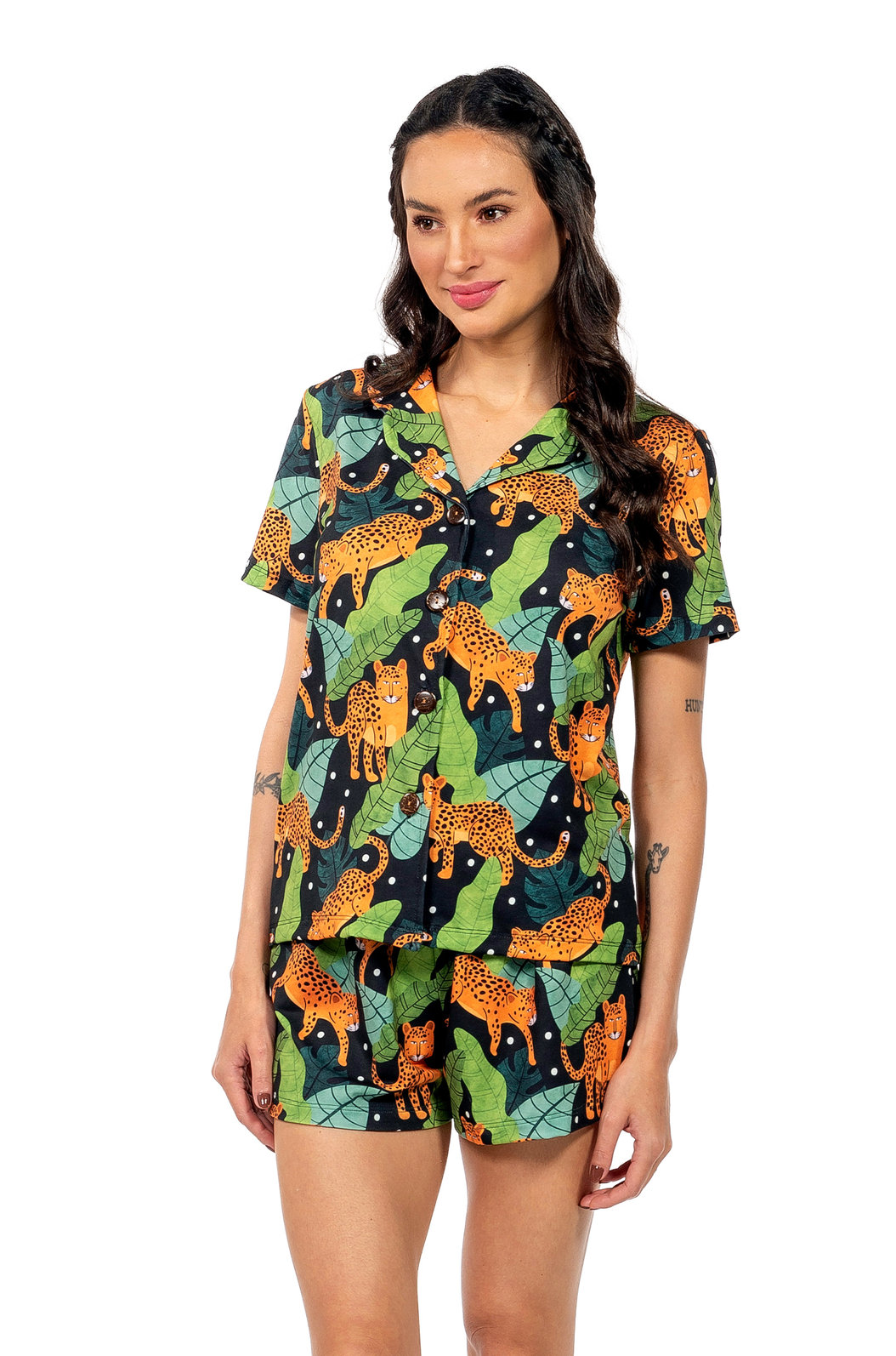 Pijama Feminino Manga Curta Americano Estampado Onças Folhas Poá Pijama Feminino Manga Curta Americano Estampado Onças Folhas Poá