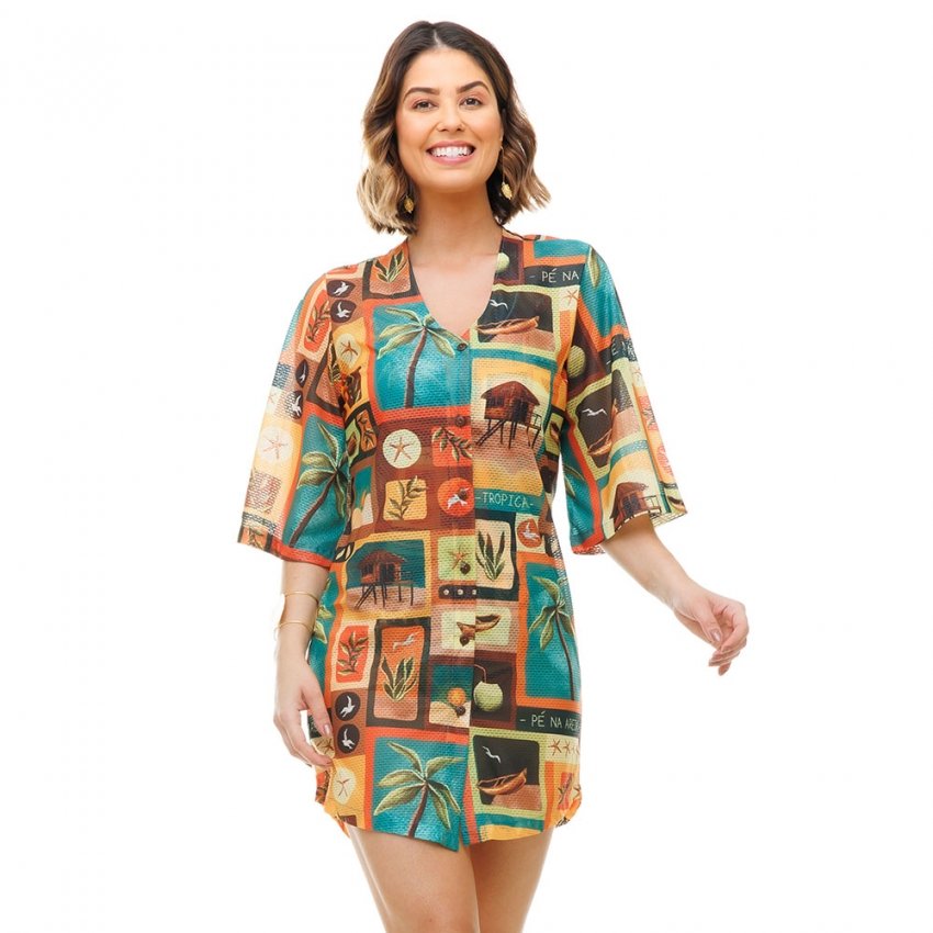 Saída de Praia Chemise Alongada Estampada Elementos Praia Terracota Saída de Praia Chemise Alongada Estampada Elementos Praia Terracota