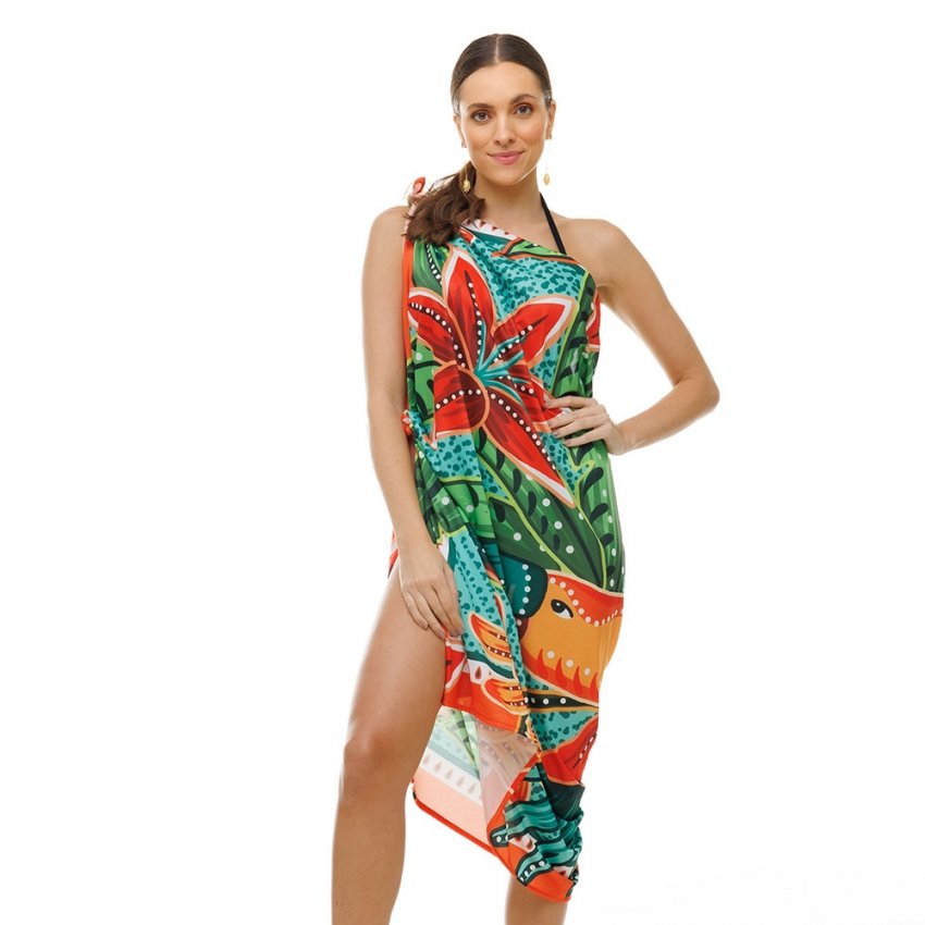 Canga Estampada Aves Color Fundo Turq Tex