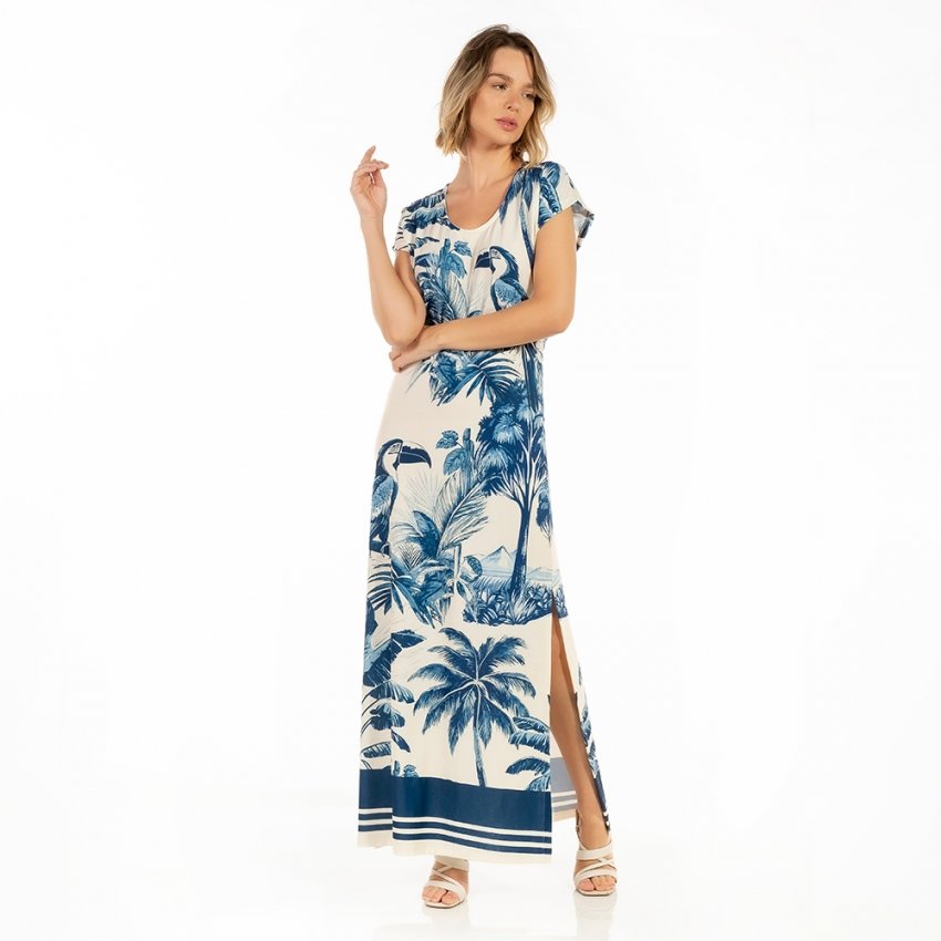 Vestido Feminino Jeri Longo New Estampado Tucano Paisagem Tons de Azul Vestido Feminino Jeri Longo New Estampado Tucano Paisagem Tons de Azul