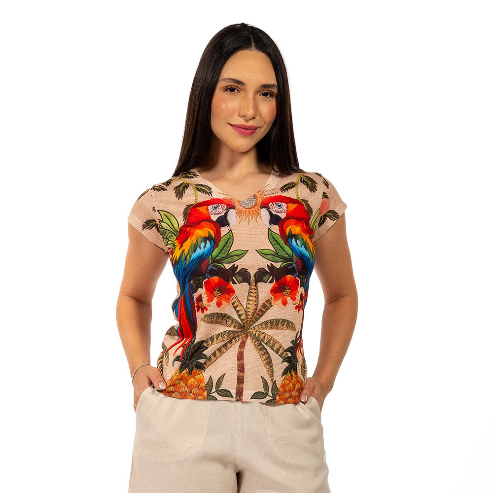 Blusa Florata Estampada Aves Tropicais Barrado Blusa Florata Estampada Aves Tropicais Barrado