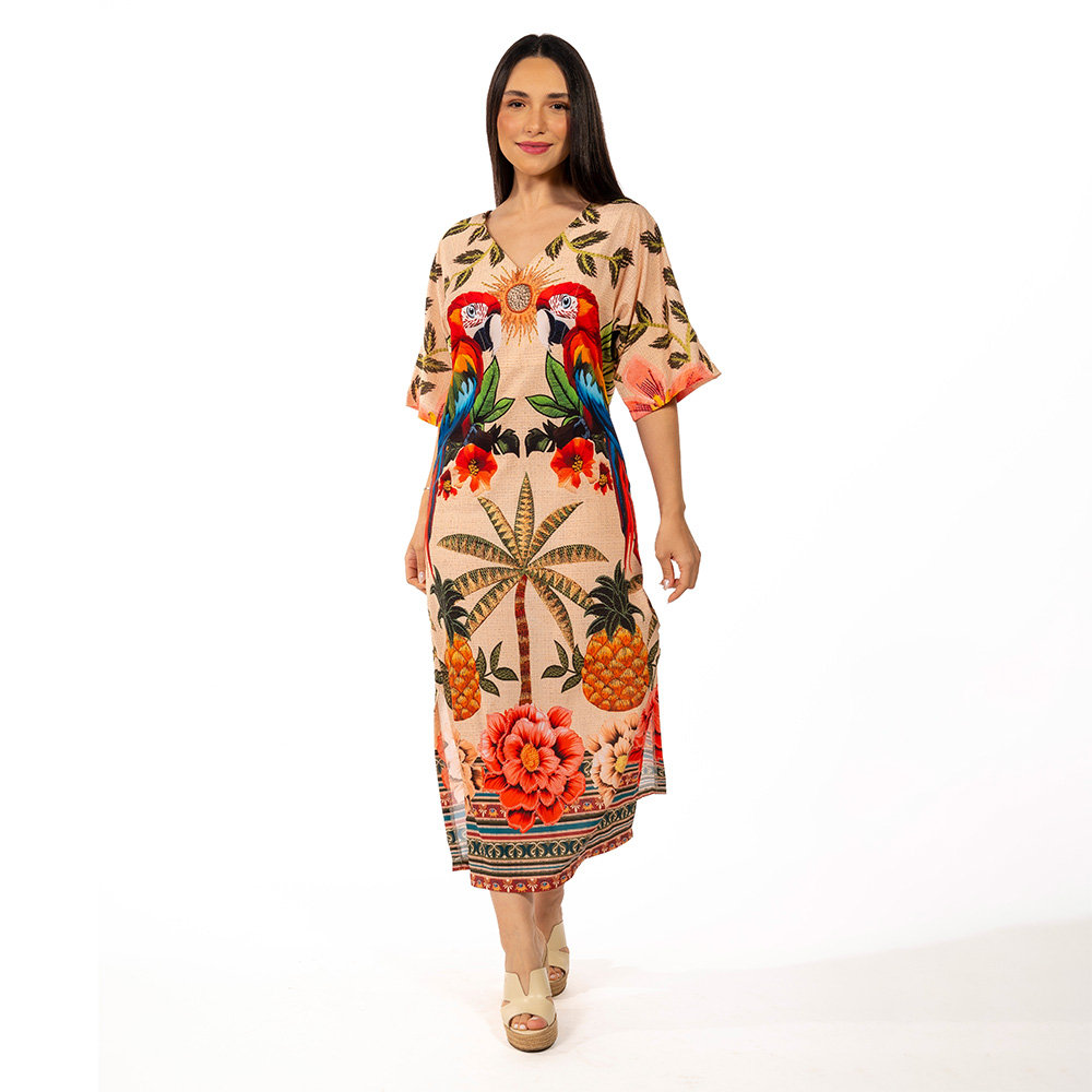 Vestido Feminino Kaftan Atena Estampado Aves Tropicais Barrado Vestido Feminino Kaftan Atena Estampado Aves Tropicais Barrado