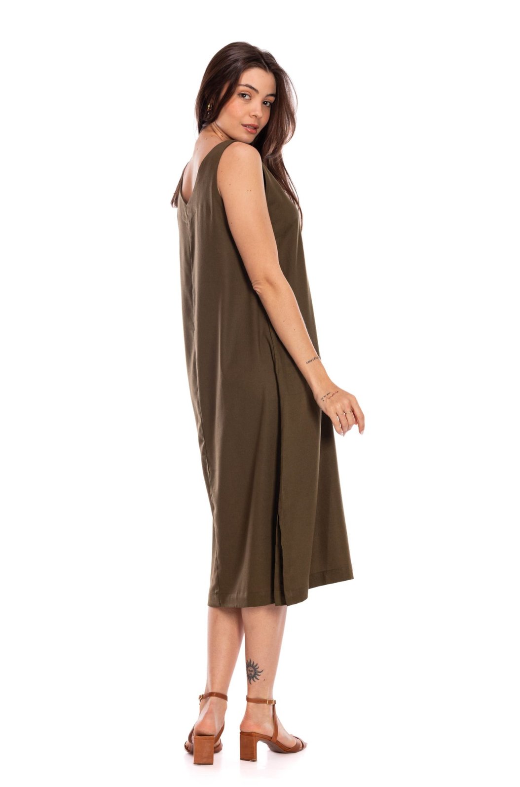 Vestido Feminino Linho Clássico com Bolso Verde Musgo Vestido Feminino Linho Clássico com Bolso Verde Musgo