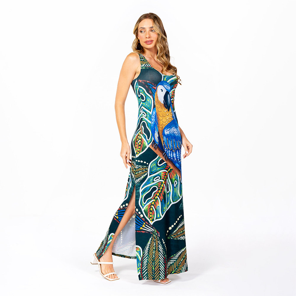 Vestido Feminino Hortência Estampado Araras Folhagens Etnicas Vestido Feminino Hortência Estampado Araras Folhagens Etnicas