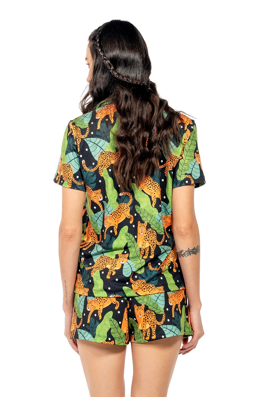 Pijama Feminino Manga Curta Americano Estampado Onças Folhas Poá Pijama Feminino Manga Curta Americano Estampado Onças Folhas Poá