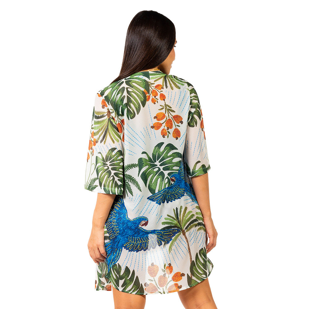 Saída de Praia Chemise Alongada Estampada Arara Bordado Barra Fundo Azul