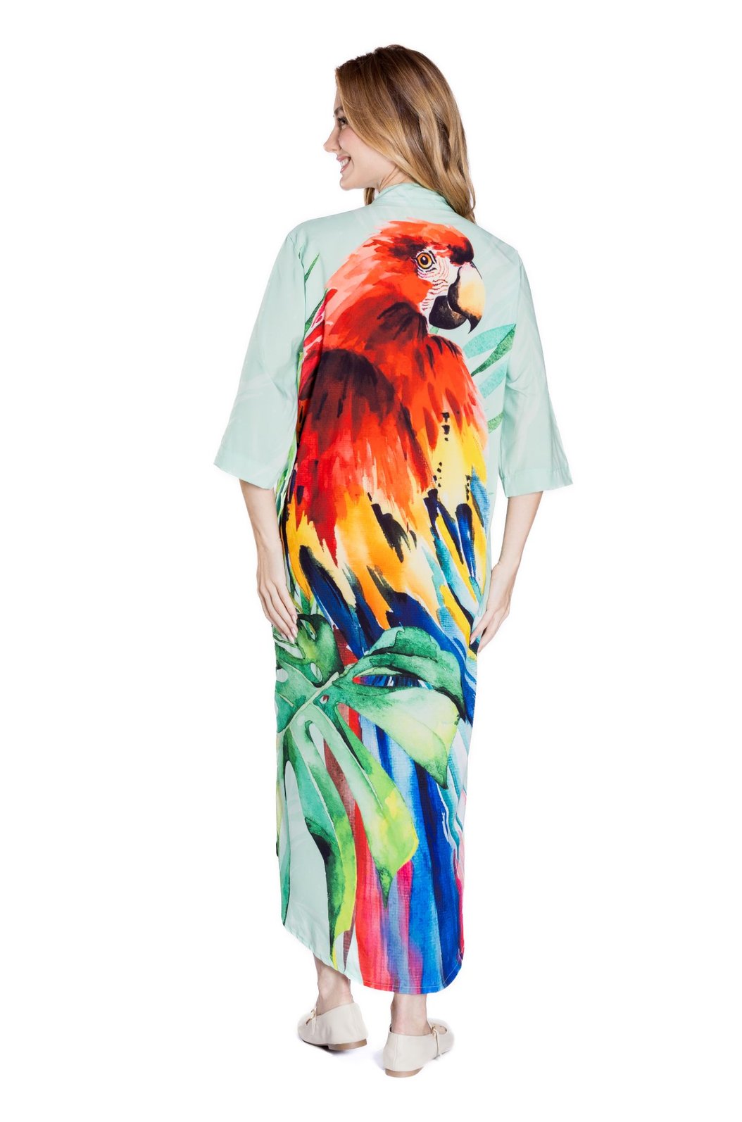 Vestido Feminino Chemise Atena Gola Padre Estampado Arara Vermelha em Pintura Vestido Feminino Chemise Atena Gola Padre Estampado Arara Vermelha em Pintura