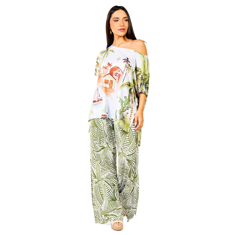 Calça Feminina Com Fenda New Estampada Bananeiras Vetor Fundo Off