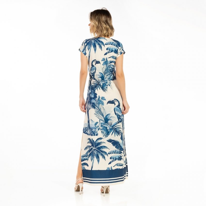 Vestido Feminino Jeri Longo New Estampado Tucano Paisagem Tons de Azul Vestido Feminino Jeri Longo New Estampado Tucano Paisagem Tons de Azul