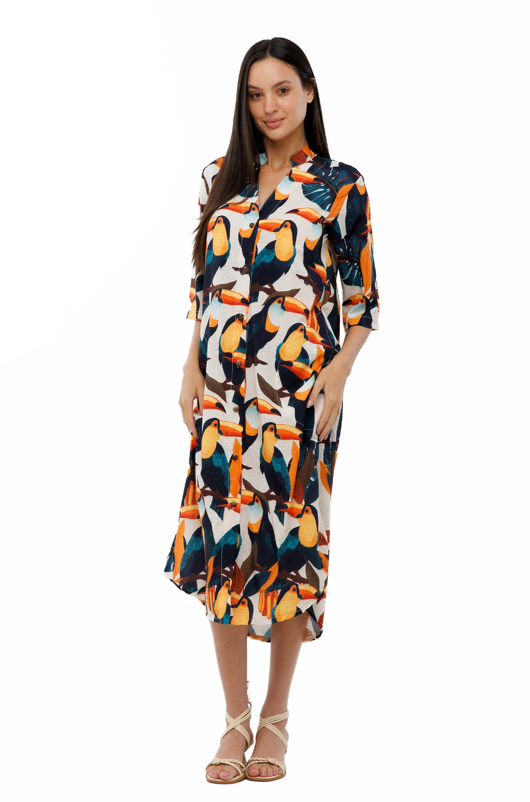 Vestido Feminino Chemise Atena Gola Padre Estampado Tucanos Tela Bordada