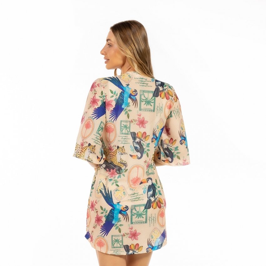 Saída de Praia Chemise Alongada Estampada Bichos Flores Verão Posta