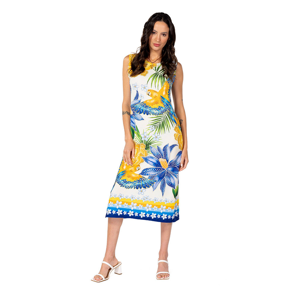 Vestido Feminino Clássico Midi Estampado Araras Flores Cores Brasil