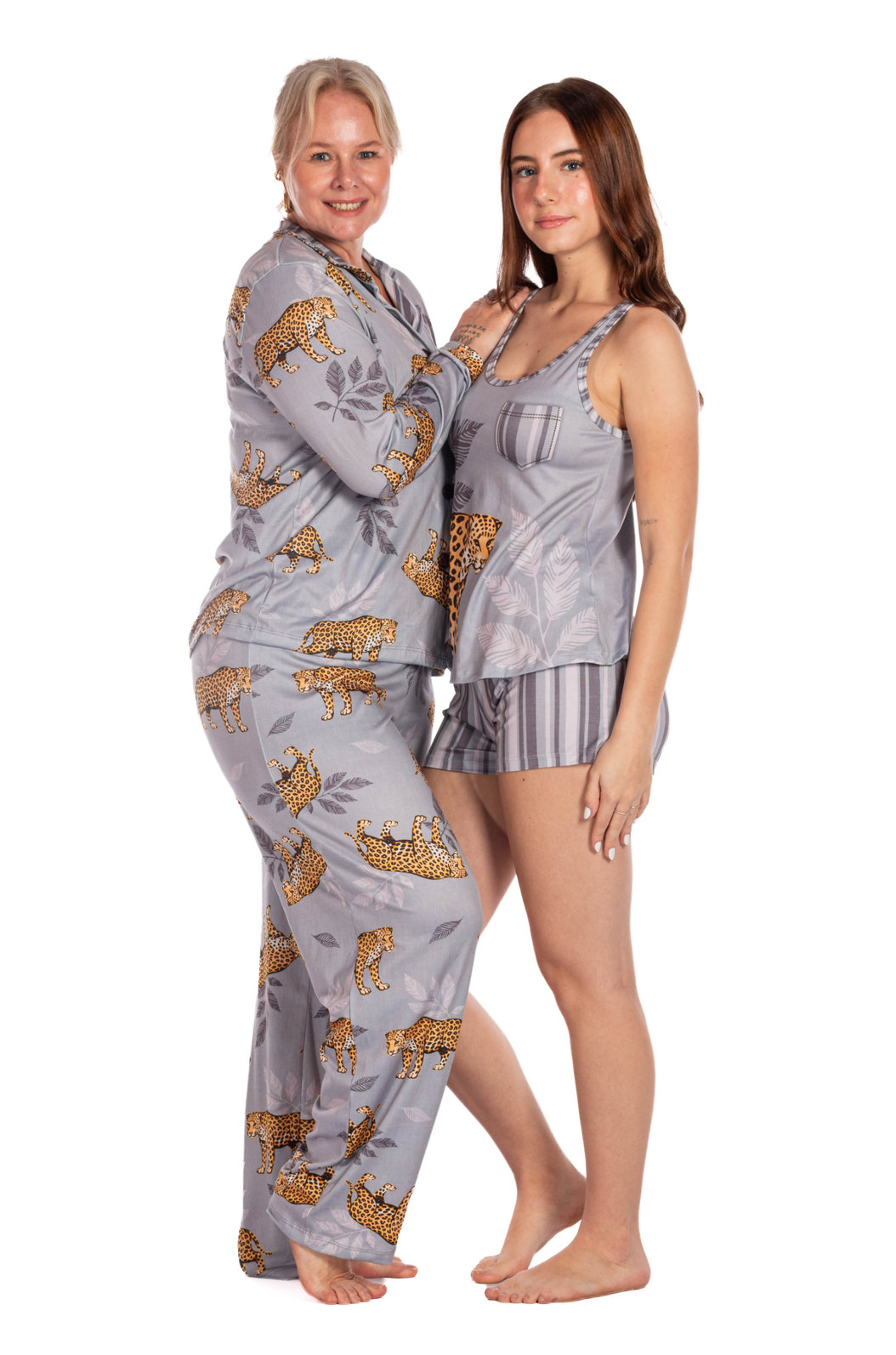 Pijama Feminino Manga Longa Americano Estampado Onça Listras Folhas Pijama Feminino Manga Longa Americano Estampado Onça Listras Folhas
