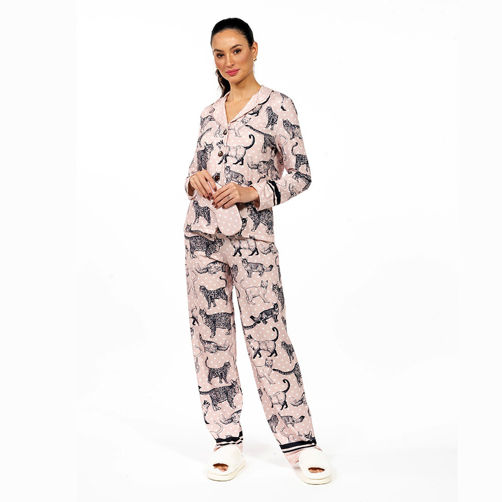 Pijama Feminino Manga Longa Americano Estampado Gato Traços Poá Pijama Feminino Manga Longa Americano Estampado Gato Traços Poá