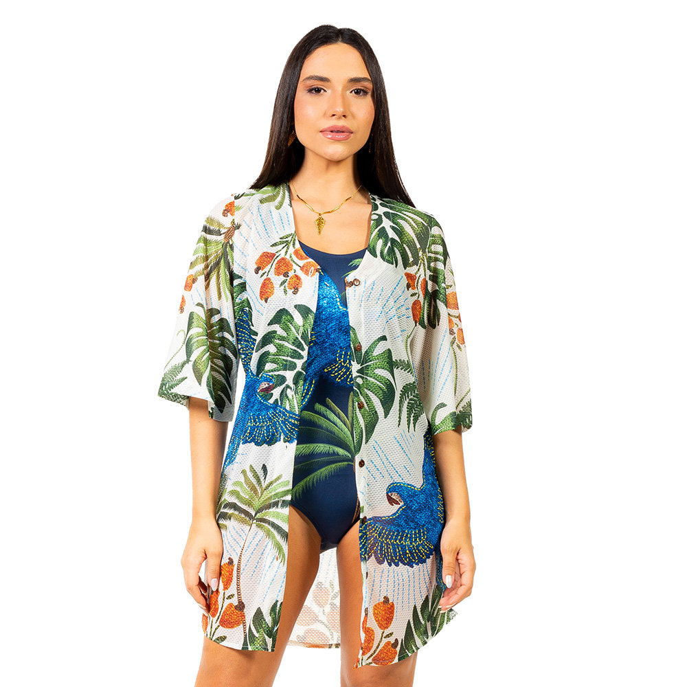 Saída de Praia Chemise Alongada Estampada Arara Bordado Barra Fundo Azul