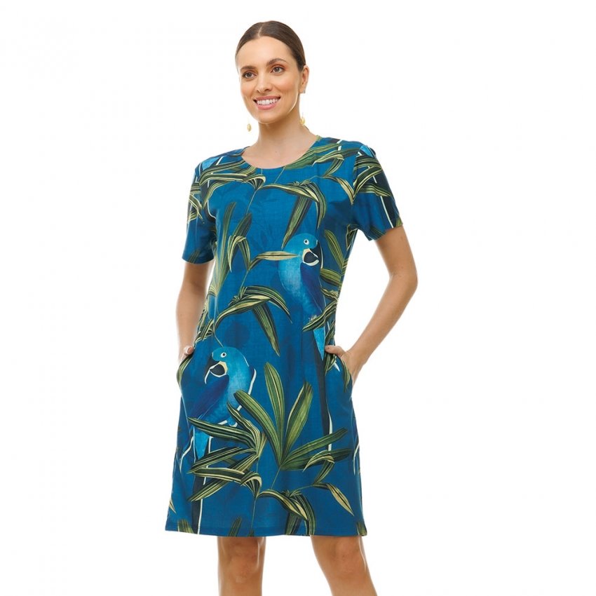 Vestido Feminino Floresta Estampado Arara Azul com Folhagens Vestido Feminino Floresta Estampado Arara Azul com Folhagens