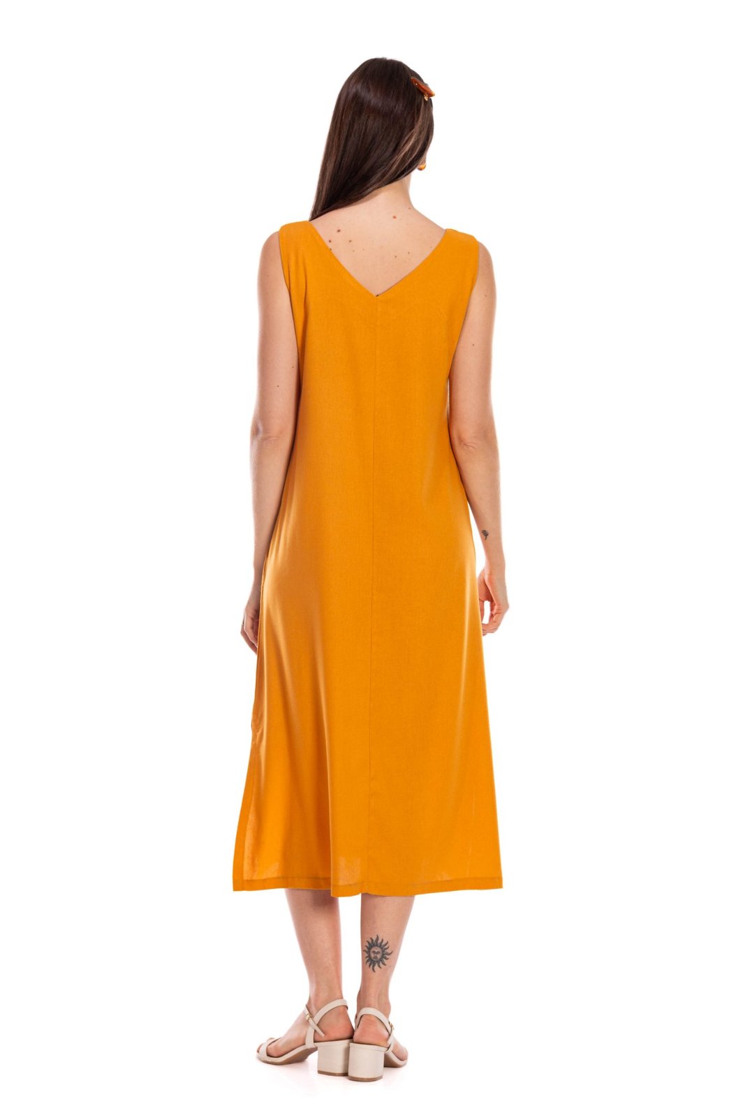 Vestido Feminino Linho Clássico com Bolso Mostarda Vestido Feminino Linho Clássico com Bolso Mostarda