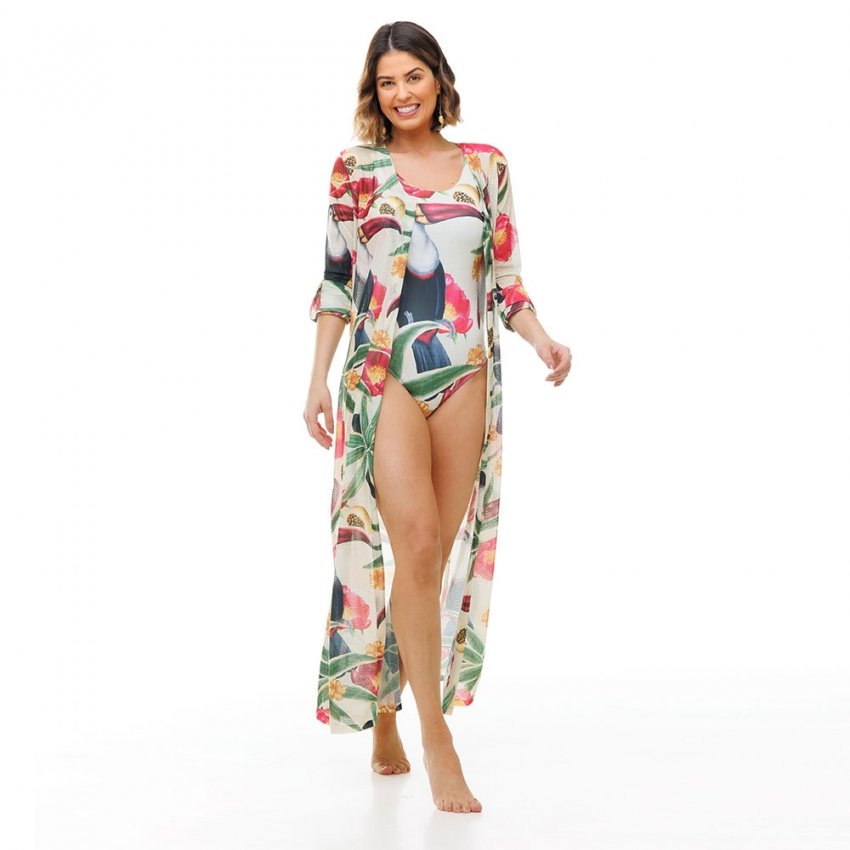 Saida Feminina de Praia Cancun Fdl Estampada Tucano Flores Pink Linho