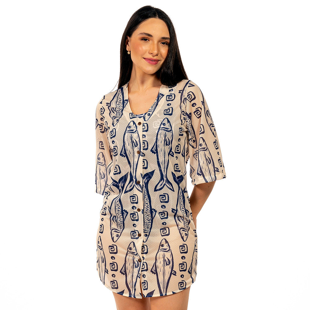 Saída de Praia Chemise Alongada Estampada Maxi Peixes Fundo Off Saída de Praia Chemise Alongada Estampada Maxi Peixes Fundo Off