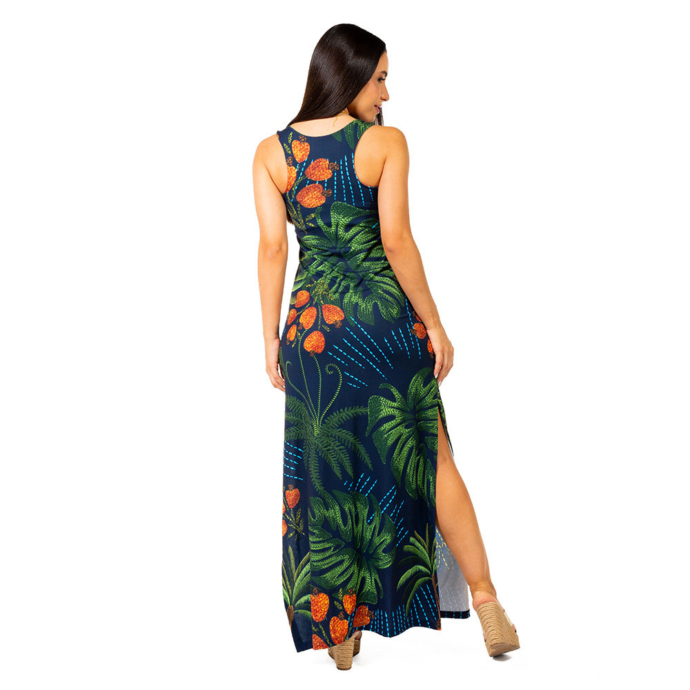 Vestido Feminino Hortência Estampado Arara Bord Barra Fundo Azul