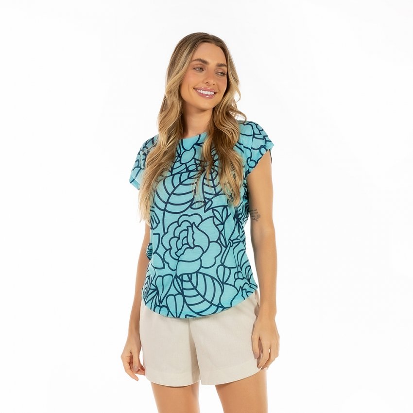 Blusa Feminina Jasmim Estampada Tucano Flores Linhas Azul