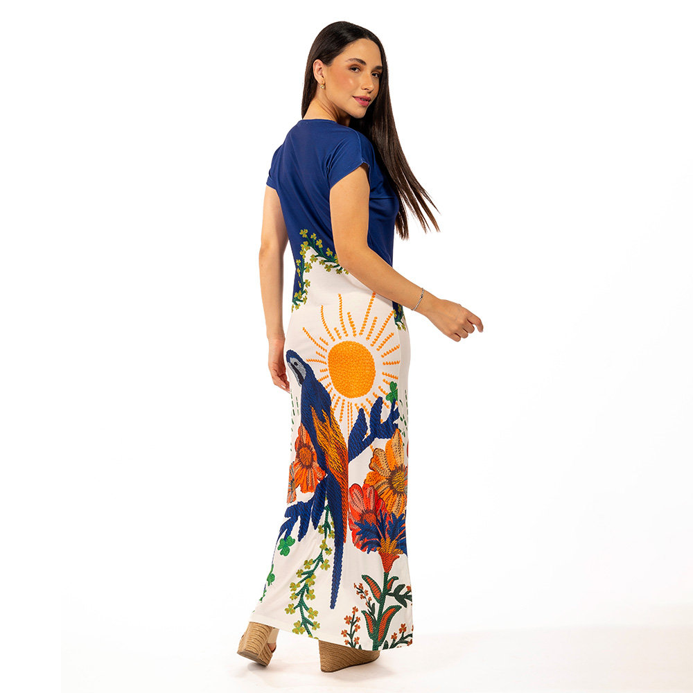 Vestido Feminino Jeri Longo New Estampado Arara Tropical Bordado