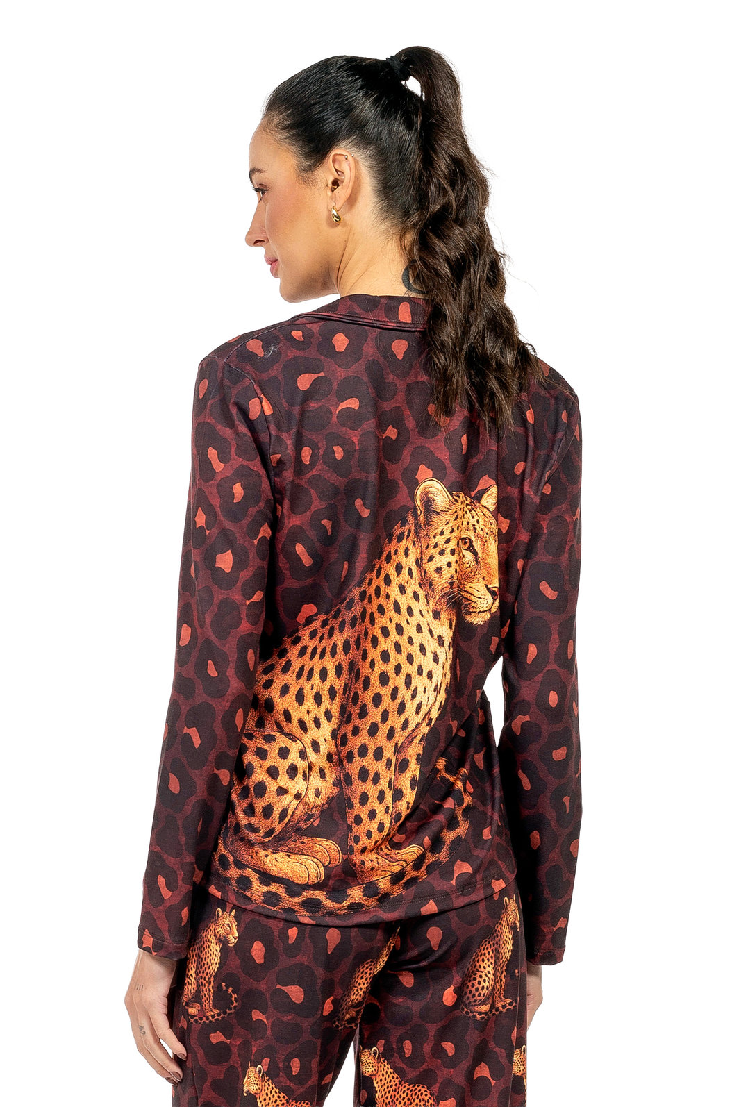 Pijama Feminino Manga Longa Americano Estampado Onças Animal Print Pijama Feminino Manga Longa Americano Estampado Onças Animal Print