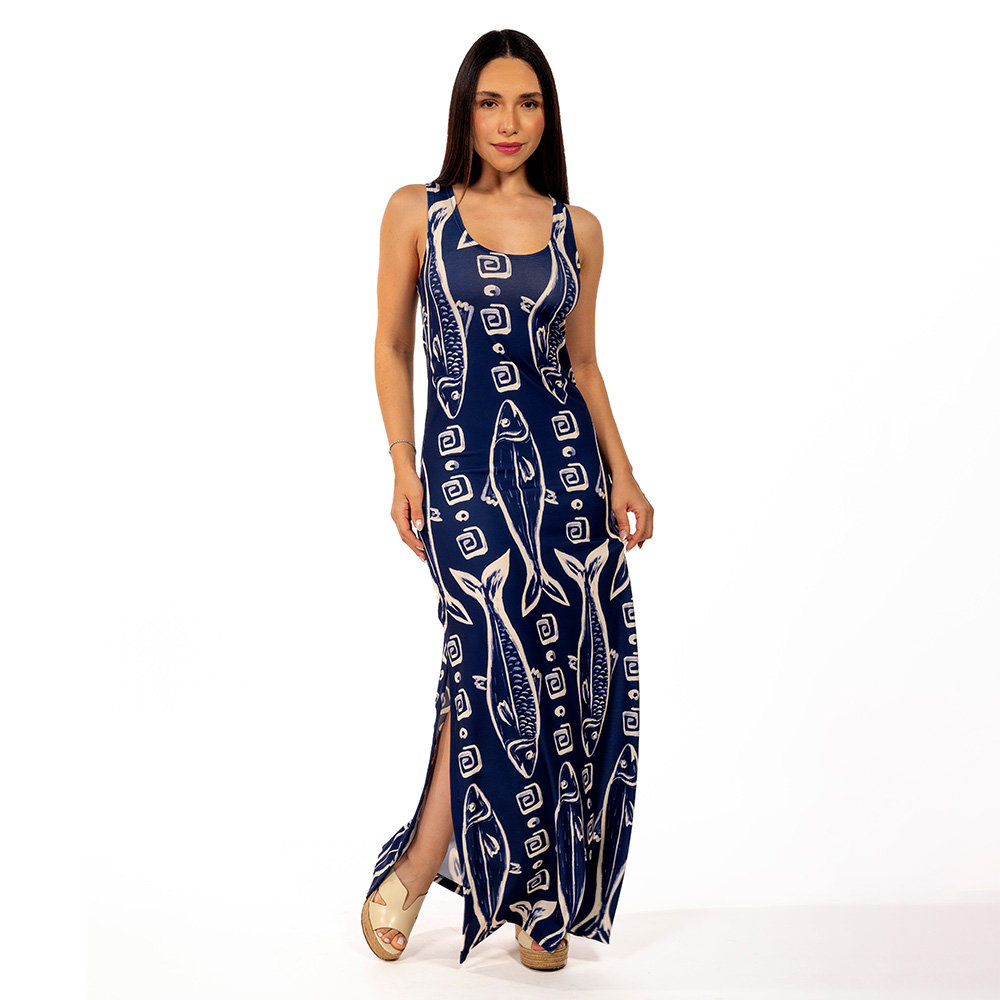 Vestido Feminino Hortência Estampado Maxi Peixes Fundo Off