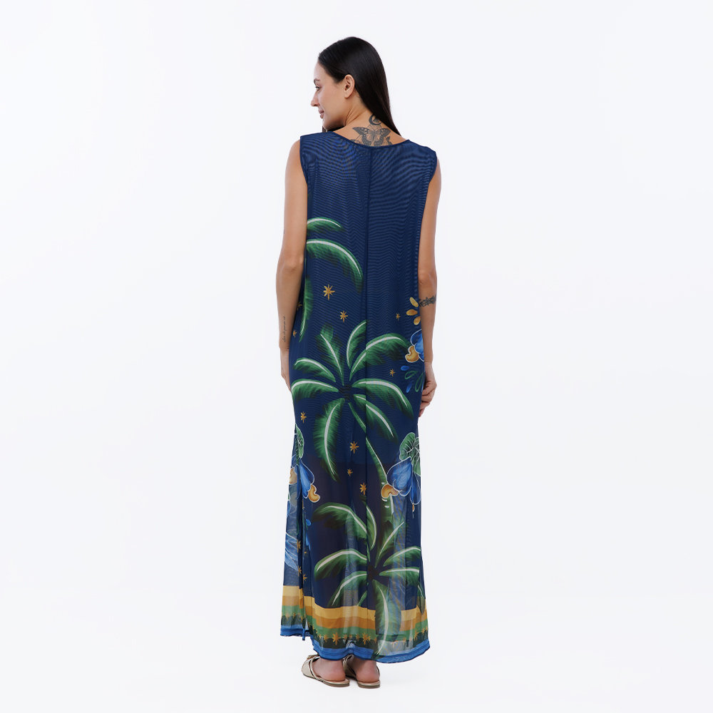 Vestido Feminino Tule Maré Estampado Motivos Tropicais Brasil Vestido Feminino Tule Maré Estampado Motivos Tropicais Brasil