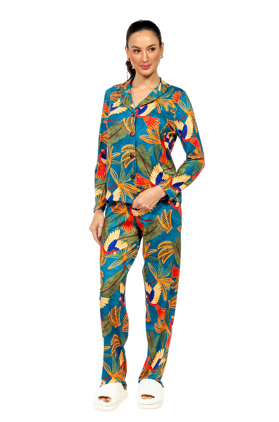 Pijama Feminino Manga Longa Americano Estampado Araras Bananas Pijama Feminino Manga Longa Americano Estampado Araras Bananas
