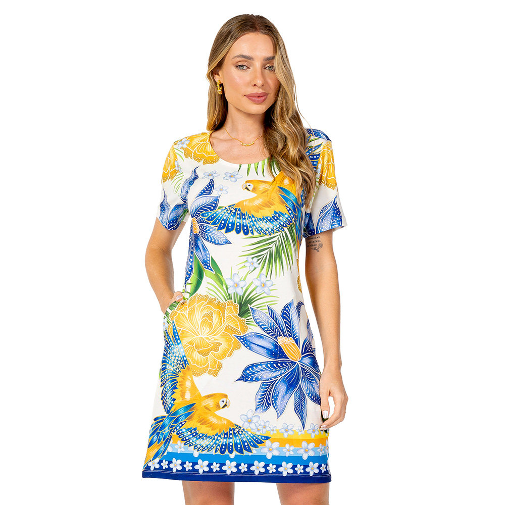 Vestido Feminino Floresta Estampado Araras Flores Cores Brasil