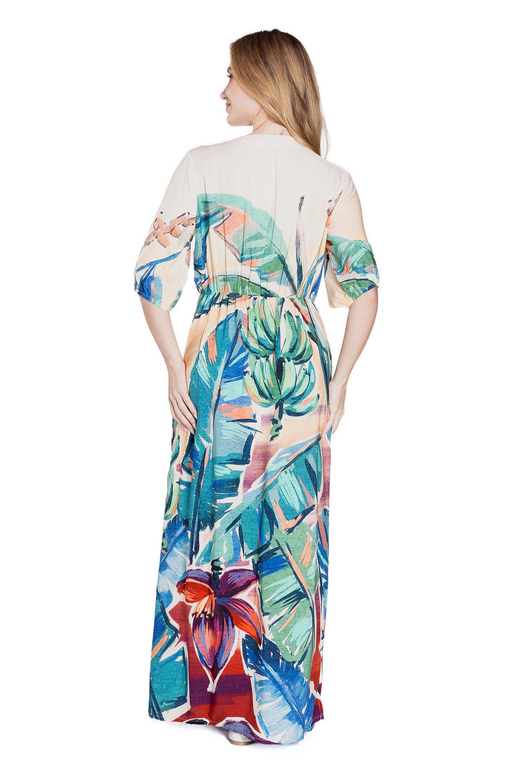 Vestido Feminino Viscose Lotus Estampado Canindé Bananas e Lírio Vestido Feminino Viscose Lotus Estampado Canindé Bananas e Lírio
