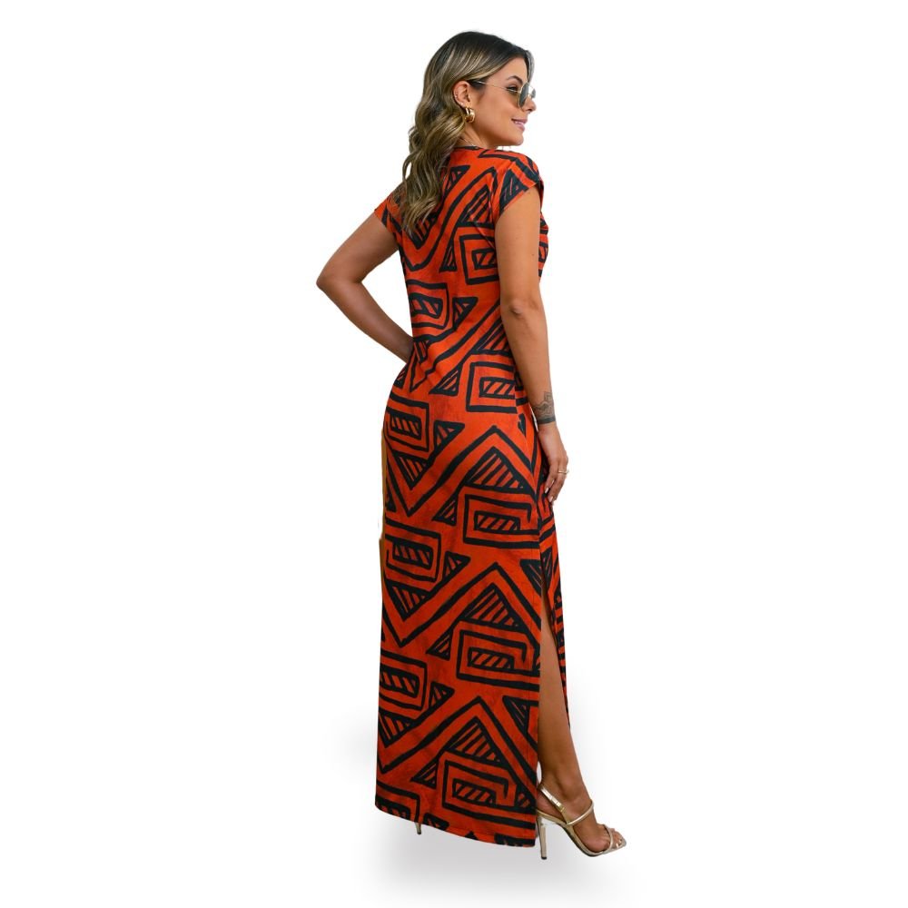 Vestido Feminino Jeri Longo New Estampado Indagena Fundo Telha Vestido Feminino Jeri Longo New Estampado Indagena Fundo Telha