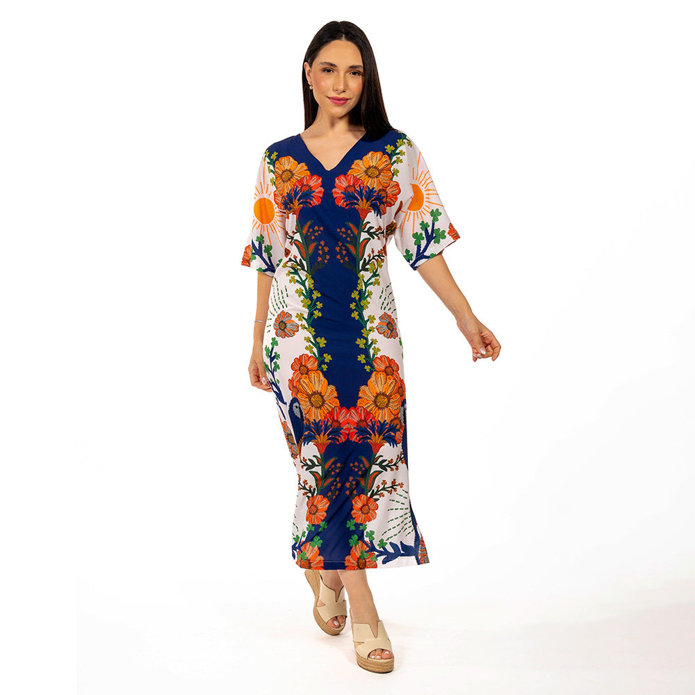 Vestido Feminino Kaftan Atena Estampado Arara Tropical Bordado Vestido Feminino Kaftan Atena Estampado Arara Tropical Bordado