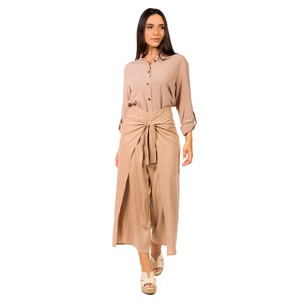 Calça Feminina Linho Transpassada Marrom Claro Calça Feminina Linho Transpassada Marrom Claro