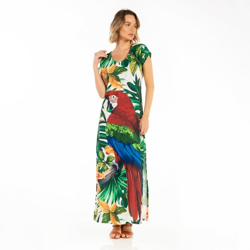 Vestido Feminino Jeri Longo New Estampado Arara Folhas Fundo Folhas Vestido Feminino Jeri Longo New Estampado Arara Folhas Fundo Folhas