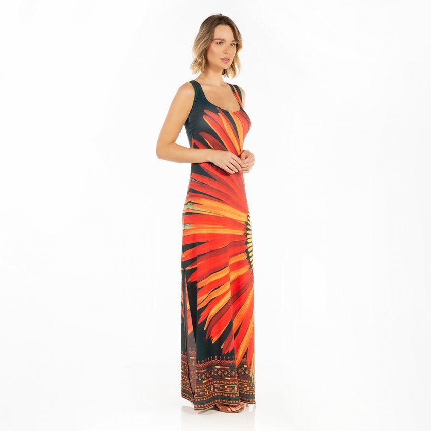 Vestido Feminino Hortência Estampado Cocares Barrado Fundo Verde