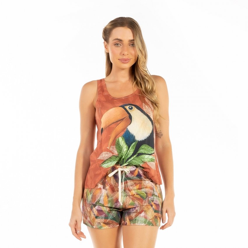 Pijama Feminino Adulto Estampado Tucano Folha Telha Pijama Feminino Adulto Estampado Tucano Folha Telha