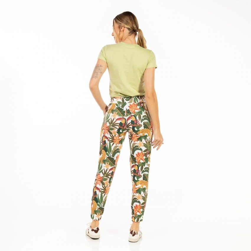 Calça Feminina Jogger Com Bolso Estampada Onça Tucano Tropical Fundo Off Calça Feminina Jogger Com Bolso Estampada Onça Tucano Tropical Fundo Off