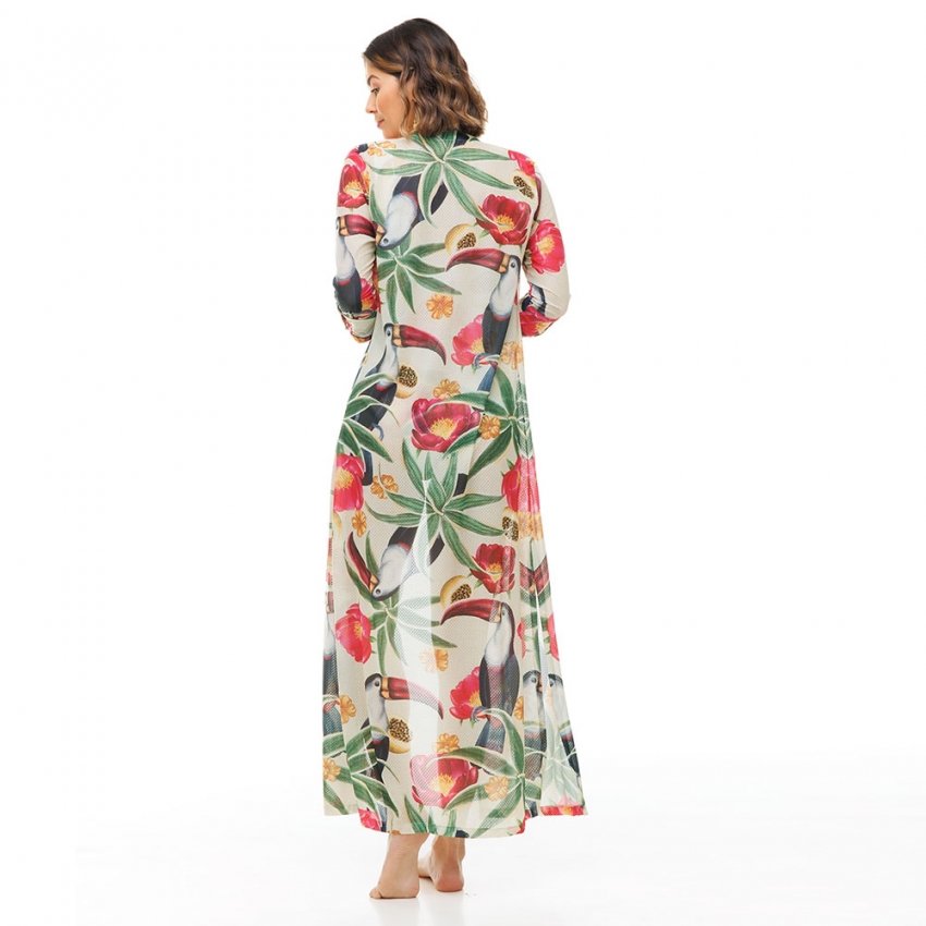 Saida Feminina de Praia Cancun Fdl Estampada Tucano Flores Pink Linho