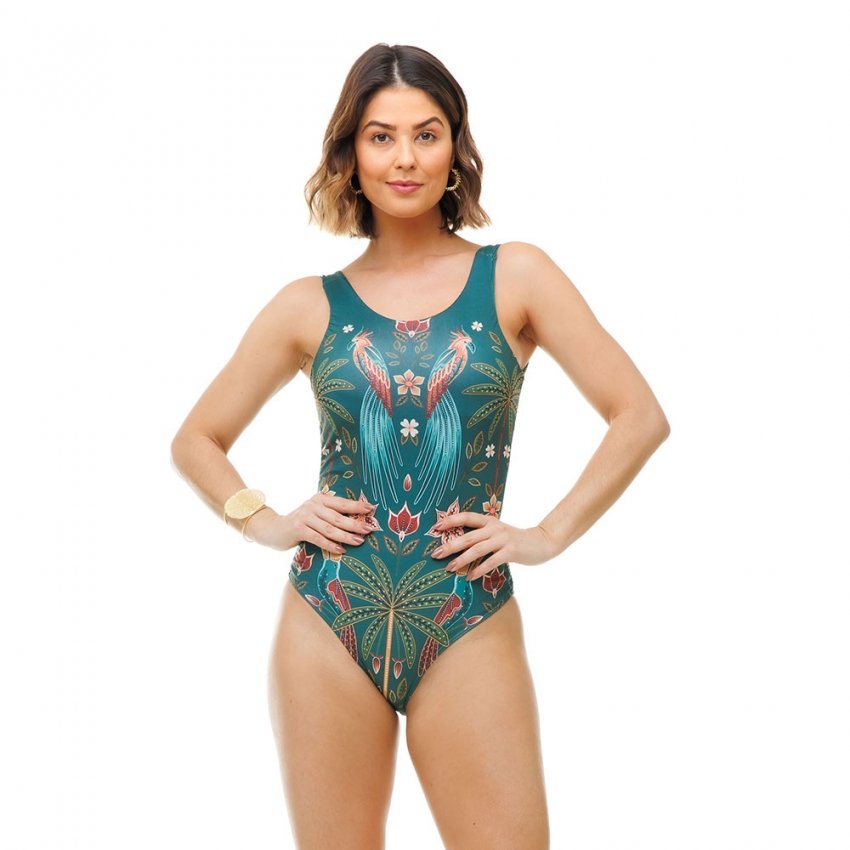 Body Feminino Regata Estampado Pássaros Flores Fundo Verde