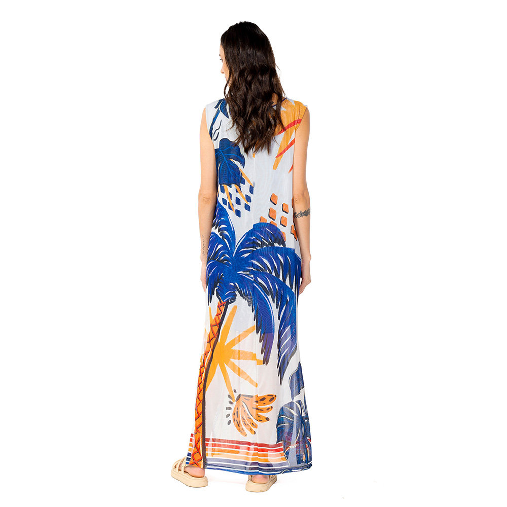 Vestido Feminino Tule Maré Estampado Bichos Tropical Vibes Azul Vestido Feminino Tule Maré Estampado Bichos Tropical Vibes Azul