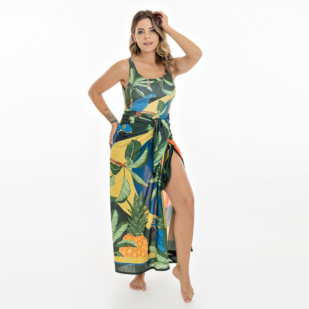Canga Estampada Arara Bandeira Escura Brasil Canga Estampada Arara Bandeira Escura Brasil